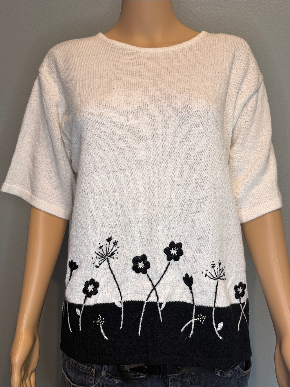 TanJay White Knit Top with Black Floral Border